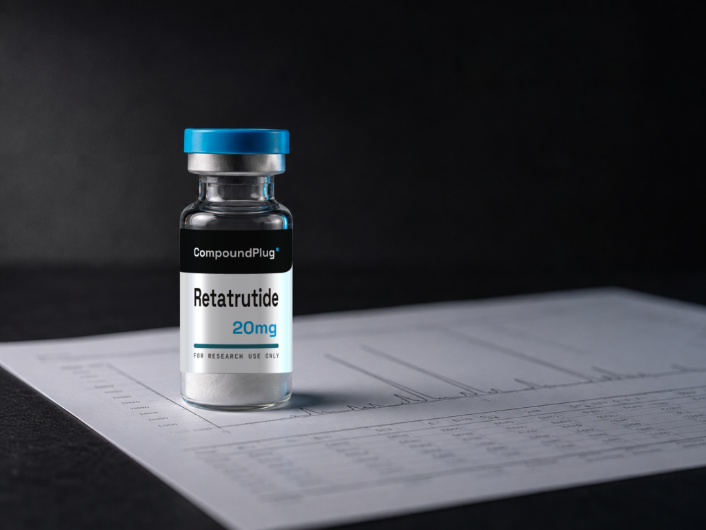 CompoundPlug COA documentation — Retatrutide 20mg analysis with HPLC purity data.